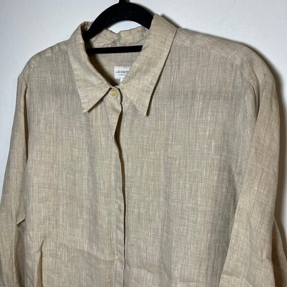 Liz Claiborne 100% Linen Blouse Button Up Top Beige Brown Medium Petite Collared - Picture 4 of 9